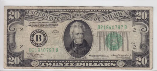1934A $20 Federal Reserve Note New York, NY FR#2055-B B21940797B
