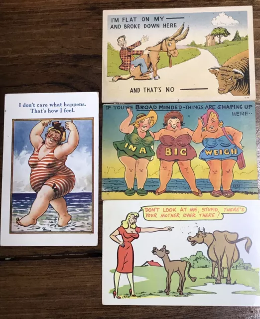 Vintage Postcards 1940s 50s Funny Jokes Cartoon Puns Set Of4 / Voluptuous Ladies