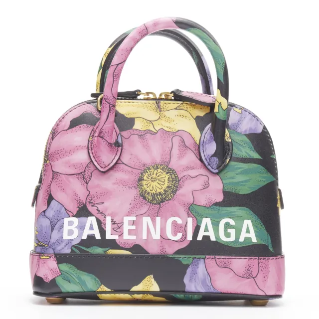 new BALENCIAGA Ville XXS black floral logo print top handle crossbody bag