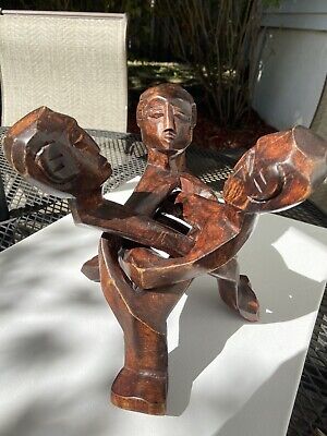 Vintage African Wood Hand Carved 3-Man Unity Sculpture Interlock Tribal Art