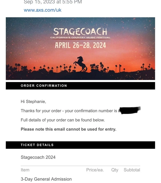 STAGECOACH MUSIC FESTIVAL Wristband Ticket 2024 1 Wristband 3 Day Pass
