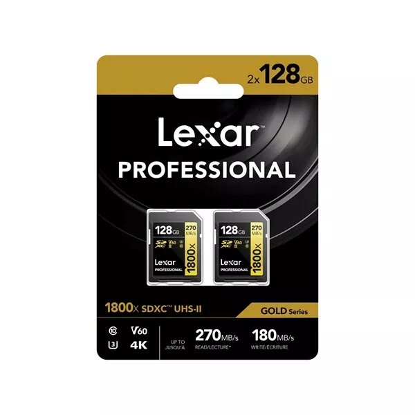 Lexar Professional 128GB 1800x SDXC 270MB/s UHS-II Gold SD Memory Card (2 pack)