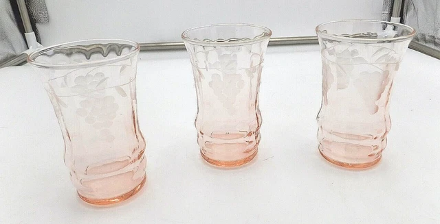 Rose Pink Glass Set of 3 Glasses with Etched Grape Design