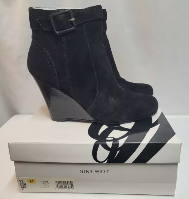 NEW in BOX Nine West BLACK Suede SUZIER BOOTS Booties WEDGE Heel 12M