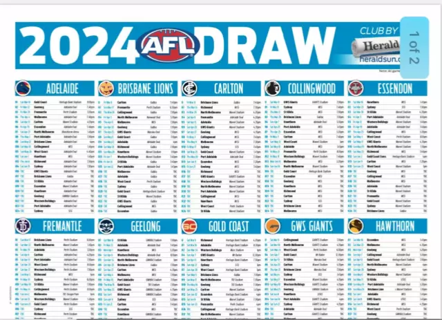 2024 Afl Football Matches Fixture Teams,Pies,Cats, Dogs, Crows, Power,Blues, 3