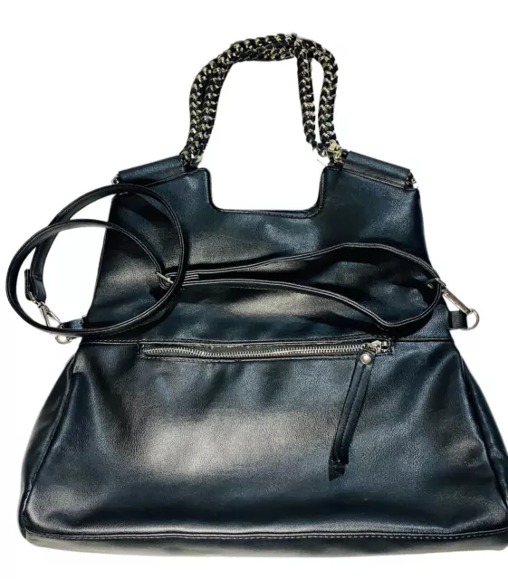 Carlos Santana Black Faux Leather Silver Chain Large Tote Crossbody Shoulder Bag