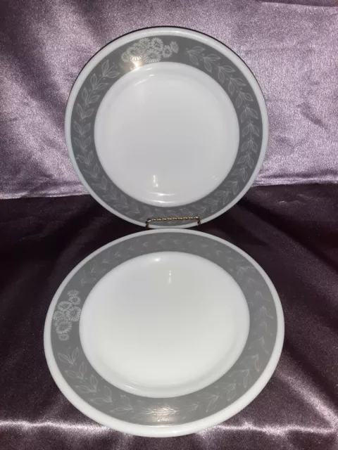 2 Vintage Pyrex Corning Grecian Grey Laurel Leaf 9" Milkglass Dinner Plates USA