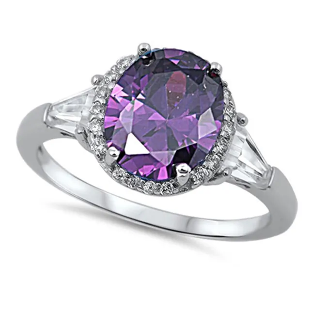 Purple CZ Polished Solitaire Oval Ring New 925 Sterling Silver Band Sizes 5-10