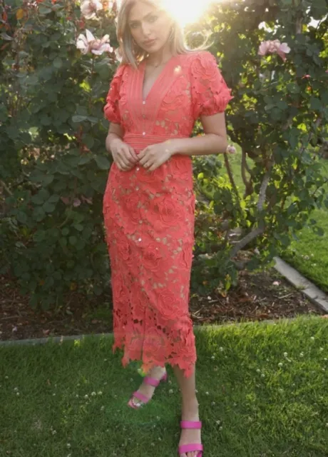 Adelyn Rae Coral Illusion Lace Puff Sleeve Midi Dress Size Medium