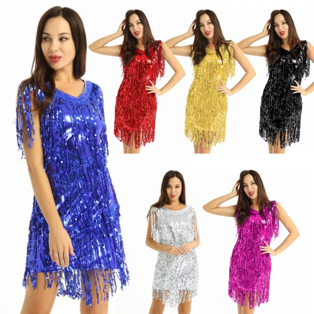 UK Women's Sequin Tassel Dress Ballroom Latin Samba Tango Rumba Dance Dress 3