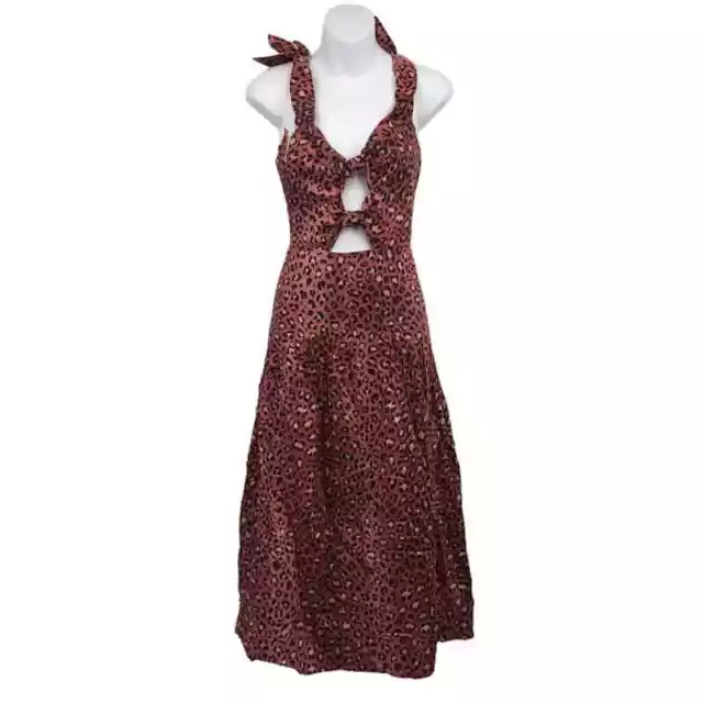 Rebecca Taylor Leopard Bow Dress 10 Off Shoulder Cut Out Tie Strap Smocked Midi