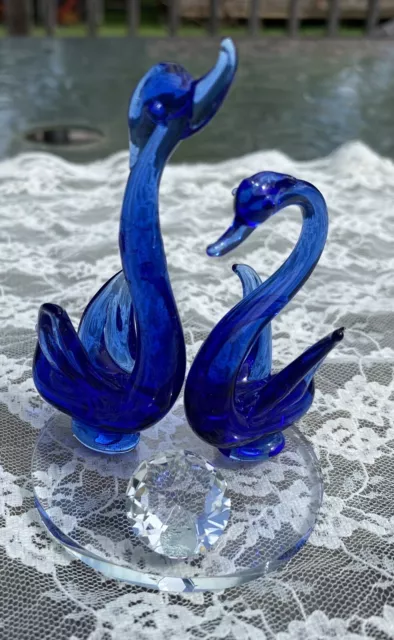 Art Glass Cobalt Blue Pair Swan Figurine Paperweight Crystal Diamond Engagement 2