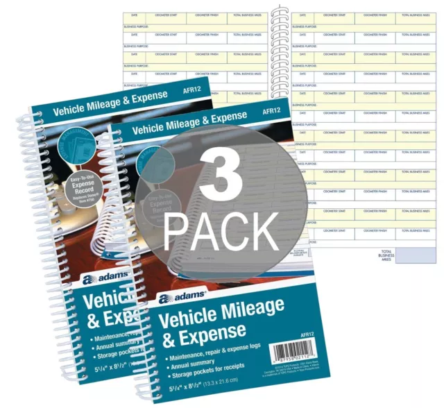 Adams Spiral Vehicle Mileage and Expense Books, 5 1/4 x 8 1/2, AFR12, 3 Pack