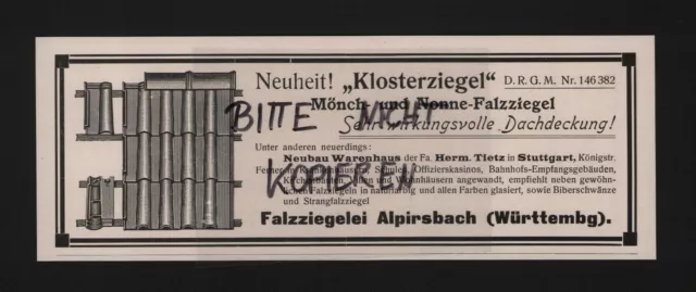 ALPIRSBACH, Werbung 1905, Falzziegelei Alpirsbach Klosterziegel