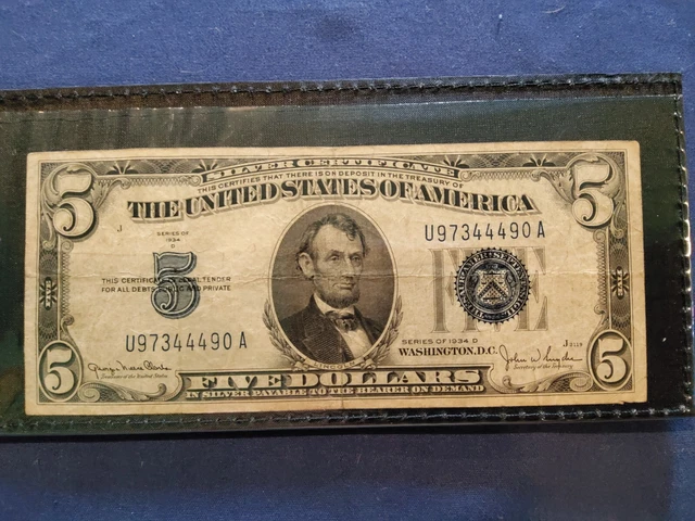1934-D $5 Five Dollars Blue Seal Silver Certificate Currency Note