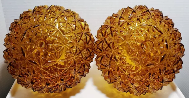 Pair Of Diamond Cut Glass Lamp Globes Amber Shade Pendant Lamp 7" Vintage MCM 3