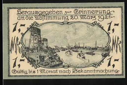 Notgeld Cosel 1921, 1 Mark, Uferpartie mit Booten, Wappen
