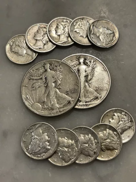 $2 Face 90% Silver 2 Walking Liberty Half Dollar 10 Mercury Dime Choose # Lots 3