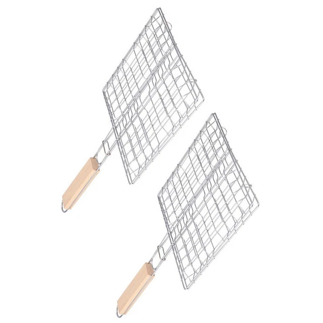 2PCS Edelstahl-Grillnetz Praktischer quadratischer faltbarer Grill mit Holzgriff
