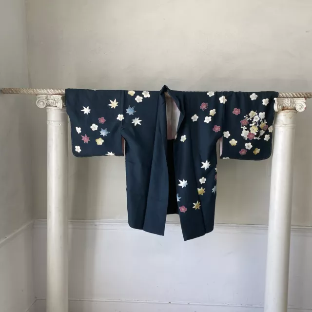 Vintage hand stitched blue LOVELY Japanese Kimono silk Woman&#39;s clothing clo