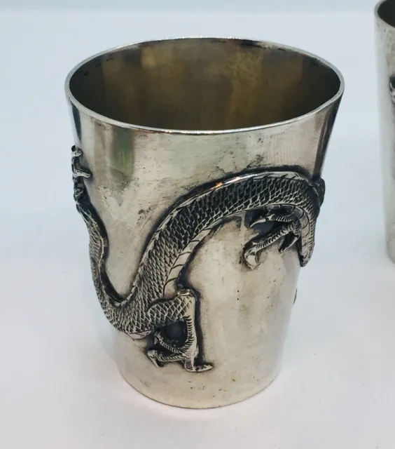 Chinese Export CJ Co Antique Set Of 3 Sterling Silver Dragon Shot Cups 3