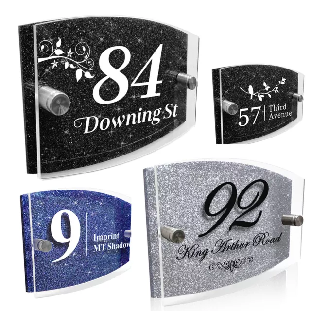 Modern Door House Number Plaque Personalised Glass Effect Acrylic Glitter Sign