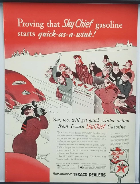 1942 Texaco Dealer Sky Chief Gas Starts Quick As Wink Vintage WWII Era Print Ad