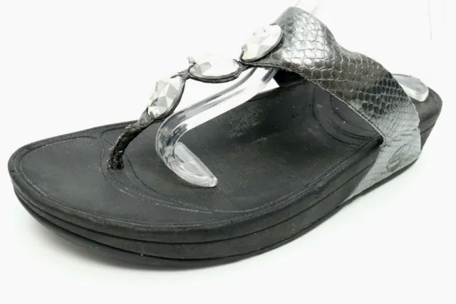 Womens FIT FLOP Pewter Leather Snake Print Thong Sandals Slides Size 10 EU 42