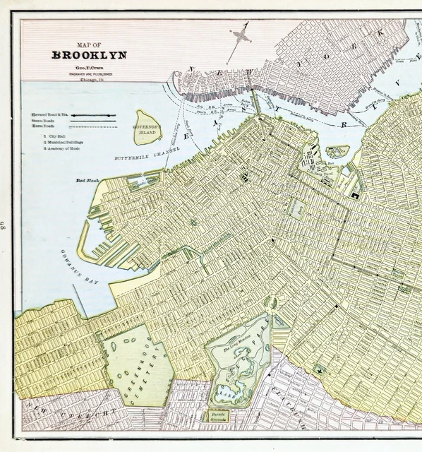 1889 Brooklyn New York Map Green Point Williamsburg Gowanus Manhattan ORIGINAL