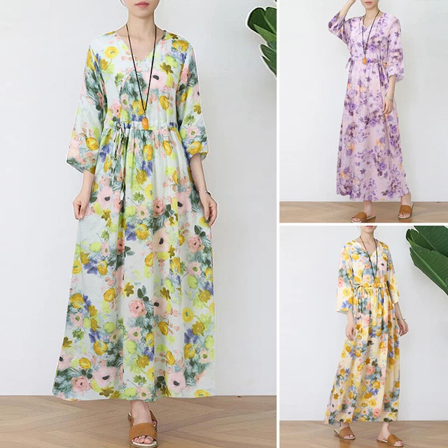 UK Womens Summer V Neck Floral Dress Ladies Holiday Beach Maxi Dresses Size 8-24