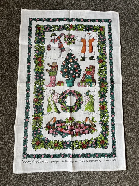 Vintage Pat Albeck Merry Christmas National Trust Irish Linen Tea Towel New