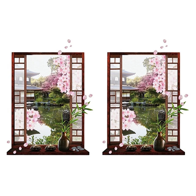 2X 3D Ventana Sakura Flor de melocotón Arte Pegatinas de pared Pegatinas desmontables V8J4