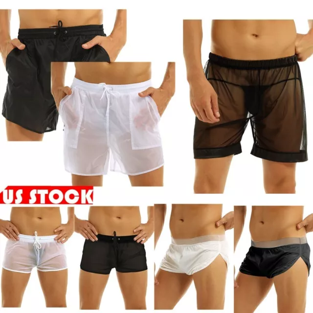 US Sexy Men Sheer Mesh Boxer Shorts Swim Trunks Underwear See-Through Underpants