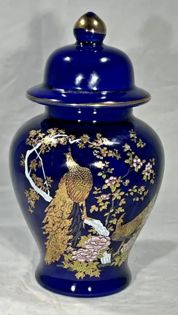 Ginger Jar with Lid Hand Painted Cobalt Blue Peacocks Flowers accented with Gold