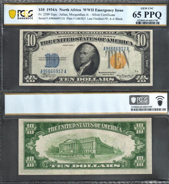 $10 1934-A SC North Africa STAR Fr. 2309 WWII Yellow Seal PCGS-B Gem Unc 65PPQ
