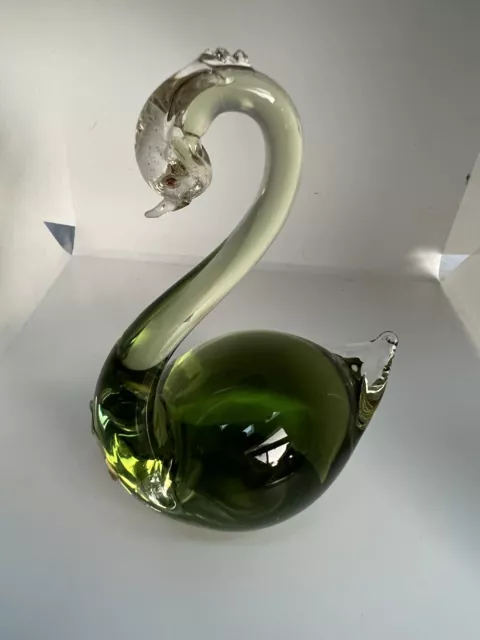 Alfredo Barbini Murano Glass SWAN Green Blown Glass & Label w/ Beautiful Color!