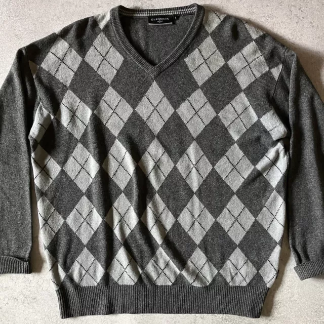 Glenmuir Lambswool Golf Jumper Mens Size L Large Grey Argyle Wool Knit Sweater