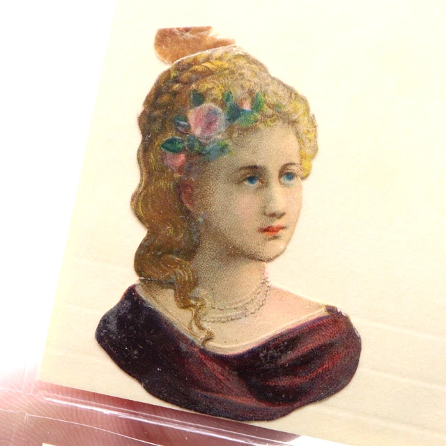 Small Antique  2" Paper Scrap Die Cut Bust of Victorian Dame Flowers in Hair