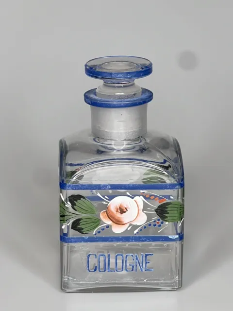 Antique Apothecary Drug Store Cologne Square Glass Bottle Hand Painted Roses