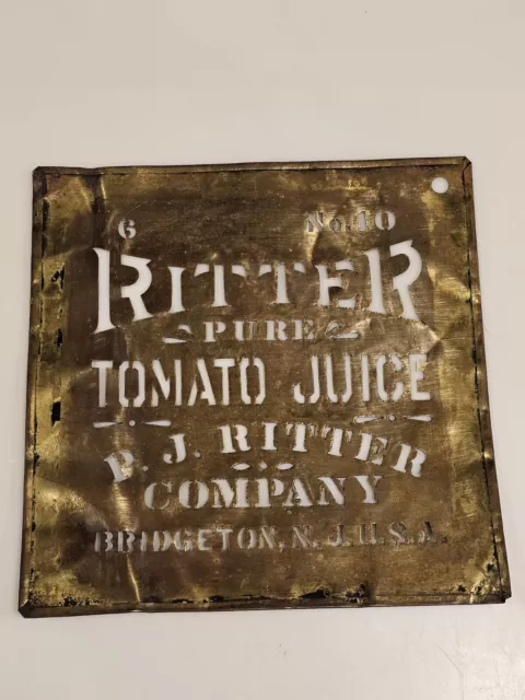 Brass Crate stencil Bridgeton NJ New Jersey P J Ritter Pure Tomato Juice 8.5x8.5