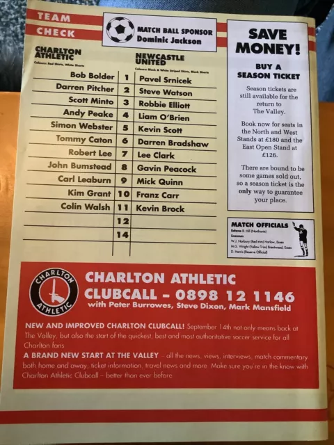 Charlton Athletic v Newcastle United 1991-92 Division Two Programme 18/8/91 2