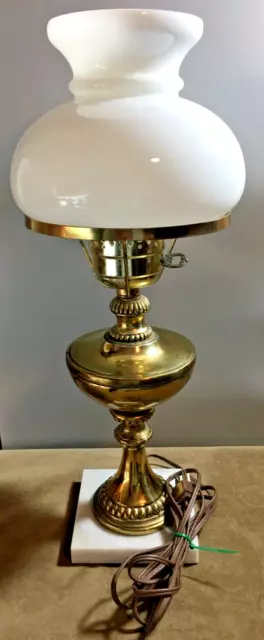 Vtg. Lamp Brass & Marble Base 20” Table Dresser Bedside - Milk glass shade