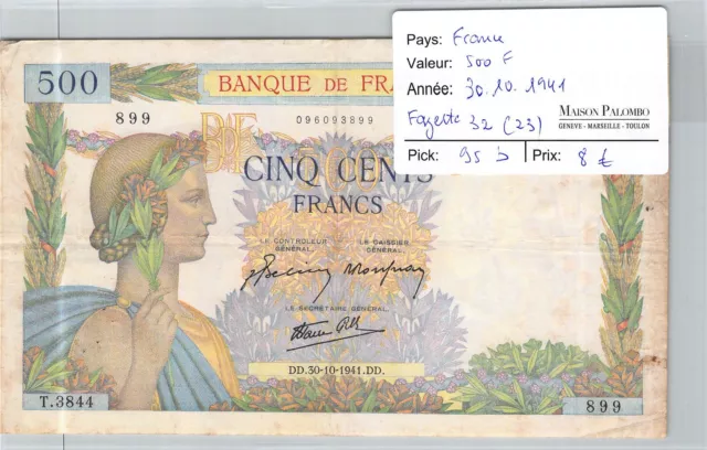 BILLET FRANCE - 500 Francs 30/10/1941 - Fayette 32(23) Pick 95b - N°899