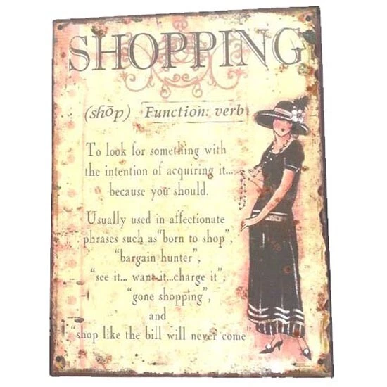 Country Tin Sign Vintage French Inspired Wall Art SHOPPING Plaque NEW