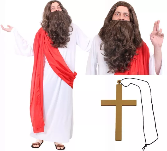 Costume Di Gesù Cristo Abito Natalizio Aggiungi Parrucca Barba Croce Religiosa