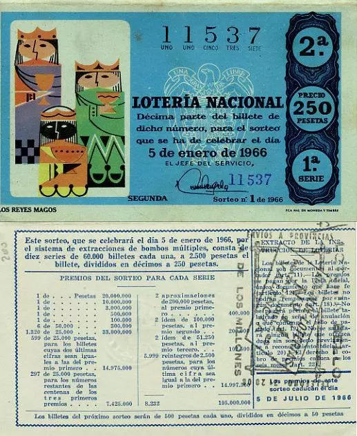 Año 1966. 250 Pts.  Nº 11537. Décima parte del billete. 5 de Enero. Sorteo  Nº 1