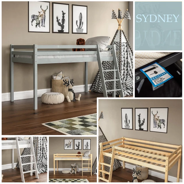 KIDS BUNK BED Mid Sleeper Wooden Cabin Bed With Ladder Memory Foam