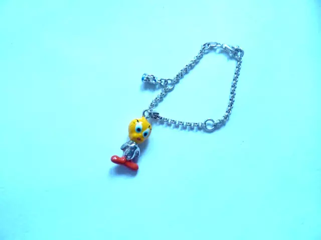 Pretty 925 Silver Childs Chain Bracelet W/Tweety Pie & Teddy Charm