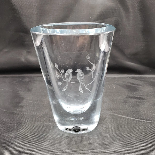 STROMBERGSHYTTAN HEAVY LEAD Crystal Vase Hand Engraved Birds Twig