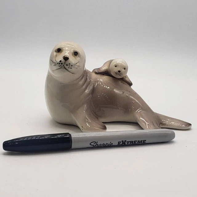 Item - Porcelain Seal with baby. Grey Vintage Antique
